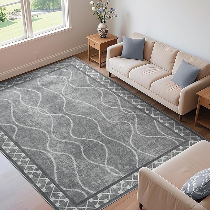 5x7 Light Grey Area Rugs for Living Room, Machine Washable Non-Slip Backing Low Pile Indoor Floor Rugs, Large Modern Carpet for Bedroom Entryway Classroom Playroom Dining Room Home Decor