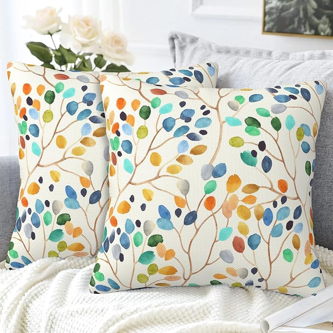 Throw Pillow Covers Colorful Leaves Spots Pillow Covers 18x18 Inch Set of 2 Boho Floral Throw Pillows Decorative Pillow Cases Cushion Covers for Bedroom Livingroom Sofa Farm House