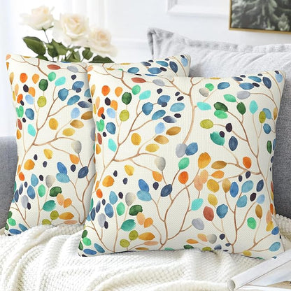 Throw Pillow Covers Colorful Leaves Spots Pillow Covers 18x18 Inch Set of 2 Boho Floral Throw Pillows Decorative Pillow Cases Cushion Covers for Bedroom Livingroom Sofa Farm House