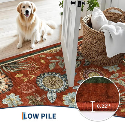 GarveeHome 8x10 Floral Washable Area Rug: Large Living Room Area Rug with Non-Slip Backing Washable Ultra Soft Bedroom Floral Carpet Indoor Stain Resistant Carpet for Dining Room 8 * 10 ft Brick Red