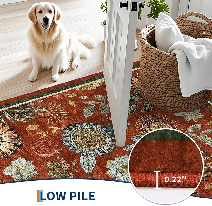 GarveeHome 9x12 Floral Washable Area Rug: Large Living Room Area Rug with Non-Slip Backing Washable Ultra Soft Bedroom Floral Carpet Indoor Stain Resistant Carpet for Dining Room 9 * 12 ft Brick Red