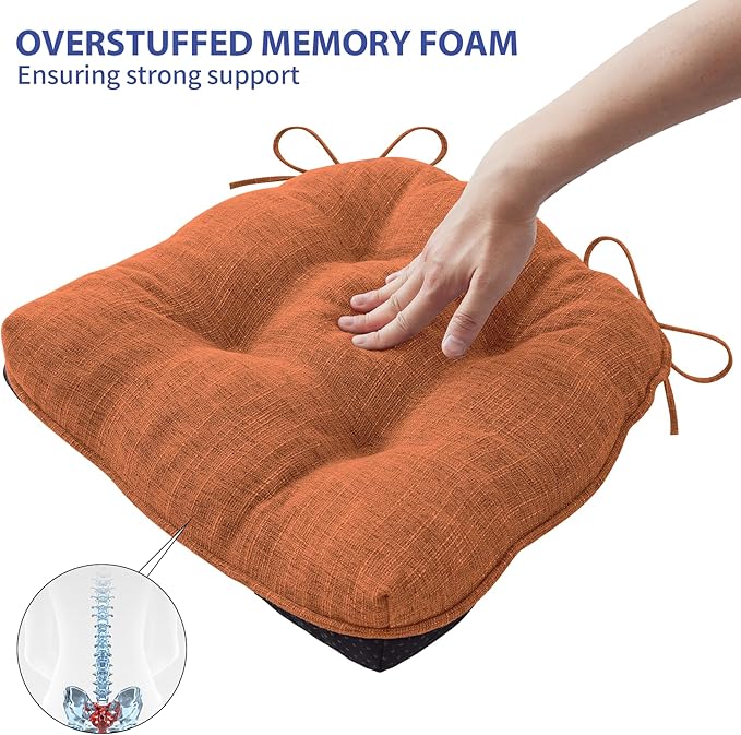 Chair Cushions for Dining Chairs Set of 6, Kitchen Chair Cushions, Chair Pads with Ties and Non Slip Backing, Tufted Memory Foam Seat Cushion 6 Pack, 15.5" x 15.5" x 4", Rust