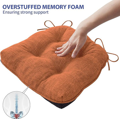 Chair Cushions for Dining Chairs Set of 6, Kitchen Chair Cushions, Chair Pads with Ties and Non Slip Backing, Tufted Memory Foam Seat Cushion 6 Pack, 15.5" x 15.5" x 4", Rust