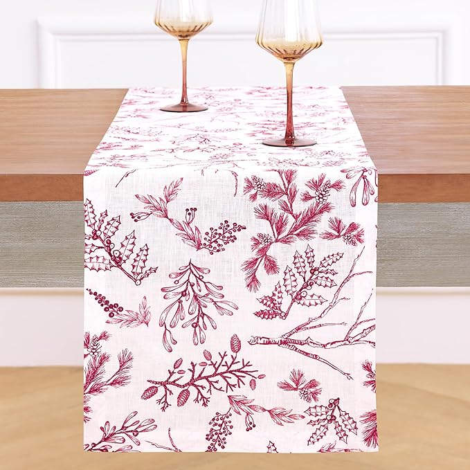 Solino Home 100% Pure Linen Christmas Table Runner 120 Inches Long - Red/White Table Runner 14 x 120 Inch - Handcrafted and Machine Washable - Winter Forest Print