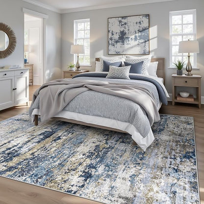 Area Rugs 5x7 for Living Room: Washable Rug Modern Abstract Neutral Soft Non-Slip Low-Pile Indoor Carpet for Bedroom Dining Room Playroom Home Office (Blue Grey Brown, 5'x7')