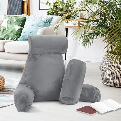 Nestl Reading Pillow with Shredded Memory Foam Includes 2 Neck and Lumber Support Pillows, Designed for Sitting Up in Bed and Couch, Back and Arms Adjustable Support for Adult & Teens, Grey