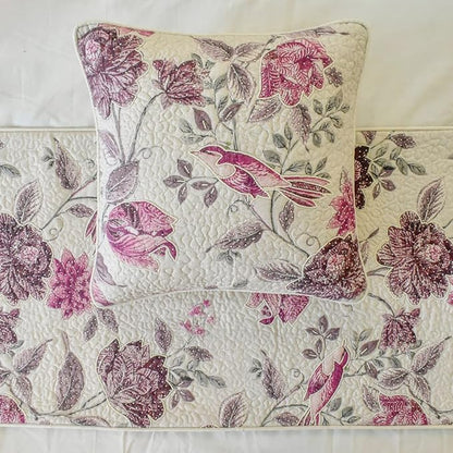 The HomeCentric King/Queen/Twin Pink Decorative Queen 74"x18" Bed Runner Without Pillow Cover, Quilted, Printed & Pearl Embroidery Bed Scarf on Cotton Fabric - Vintage Birdie
