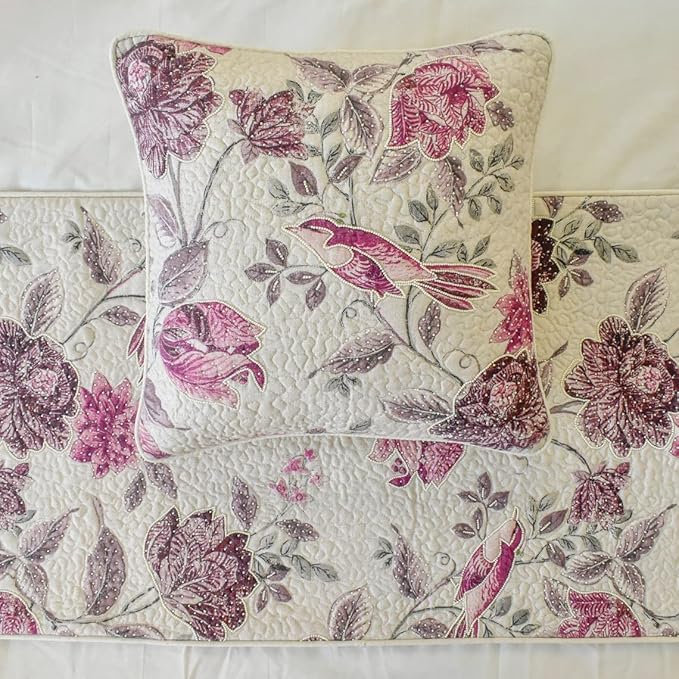 The HomeCentric King/Queen/Twin Pink Decorative Queen 74"x18" Bed Runner with 2 Pillow Cover, Quilted, Printed & Pearl Embroidery Bed Scarf on Cotton Fabric - Vintage Birdie