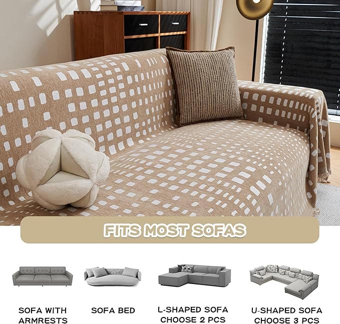 MEETSKY Boho Couch Cover Sofa Covers, Chenille Geometric Khaki Couch Covers for Love Seat Couch Covers for 2 Cushion Couch Sofa Pet Friendly, Washable Sofa Slipcover with Tassels, 71" x 118"