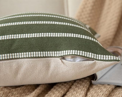 Caflife Boho Throw Pillow Covers 18x18 Set of 2 Soft Farmhouse Decorative Couch Pillow Cases Green Striped Pillow Covers Neutral Cushion Covers for Sofa Bed Living Room Home Decor