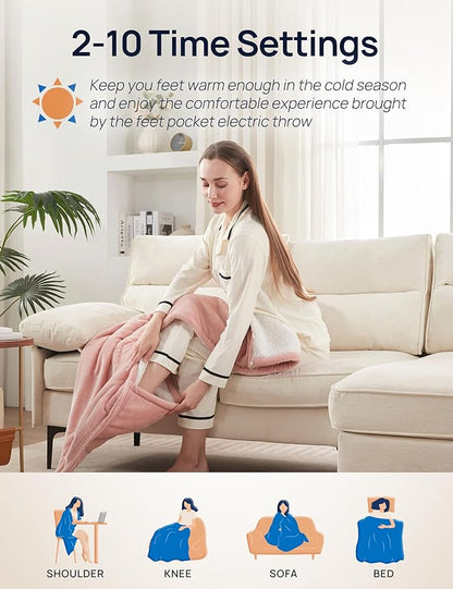 Westinghouse Electric Blanket with Foot Pocket for Adults, Ultra Soft Flannel to Sherpa Heated Throw with 6 Heating Levels & 2-10 Hours Time Settings, Fast Heating & Machine Washable, 50x62, Pink