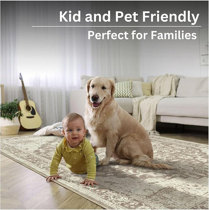 Bloom Rugs Washable Non-Slip 9' x 12' Rug - Light Brown Traditional Medallion Area Rug for Living Room, Bedroom, Dining Room, and Kitchen - Exact Size: 9' x 12'