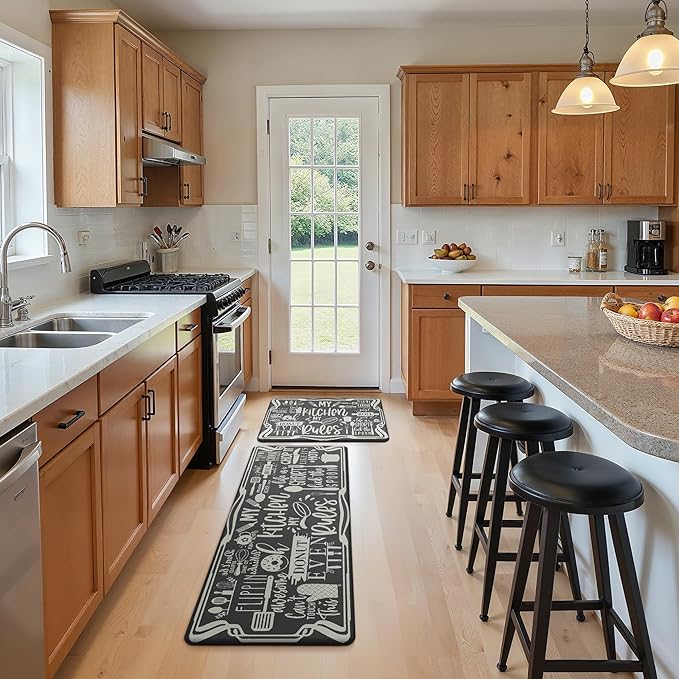 GENIMO Anti Fatigue Kitchen Mats for Floor, Non Slip Washable Kitchen Rules Theme Rugs sets of 2, Farmhouse Cushioned Waterproof Comfort Runner Rug for Kitchen, Sink, Laundry, 17"x 47"+17"x 30", Black