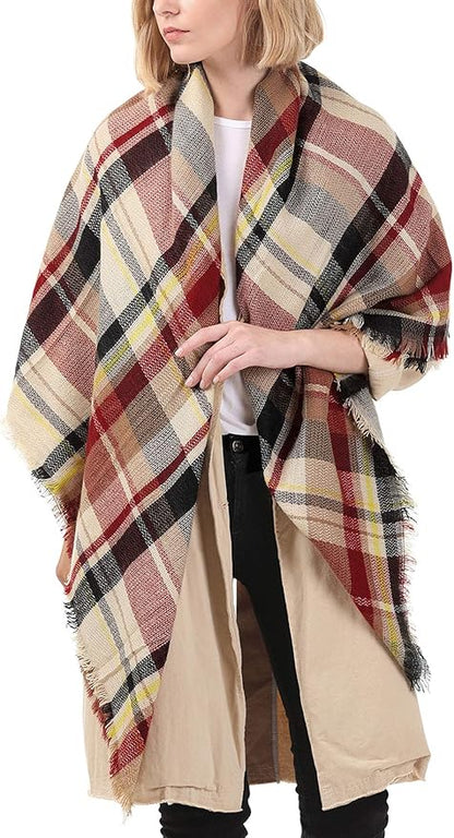 American Trends Women's Cozy Warm Winter Fall Blanket Scarf Stylish Soft Chunky Checked Giant Scarves Shawls