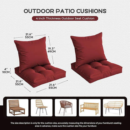 Waterproof Outdoor Chair Cushions Set of 2, Patio Cushions for Outdoor Furniture Water-Resistant & Fade-Resistant, Deep Seat & Back Cushion for Chair Sofa, 22x22 Inch (Red)