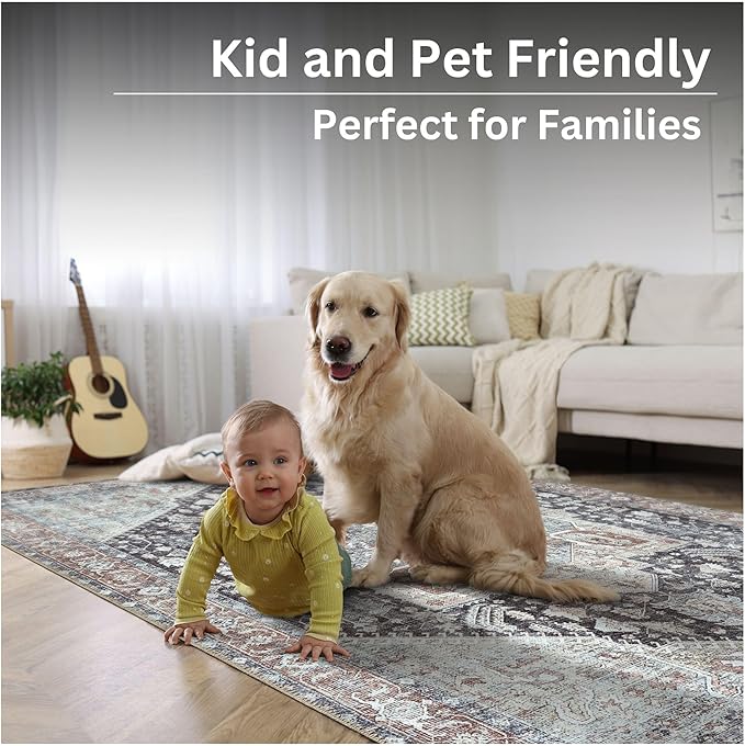 Bloom Rugs Washable Non-Slip 8' x 10' Rug - Charcoal/Brown Traditional Medallion Area Rug for Living Room, Bedroom, Dining Room, and Kitchen - Exact Size: 8' x 10'