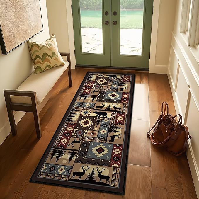 Rustic Cabin Wildlife Runner Rug 2x5,Buffalo Plaid Bear Moose Deer Country,Vintage Throw Carpet Washable Kitchen Rugs Farmhouse Hallway Runners Non Slip Floor Accent Carpet for Entryway Bedroom