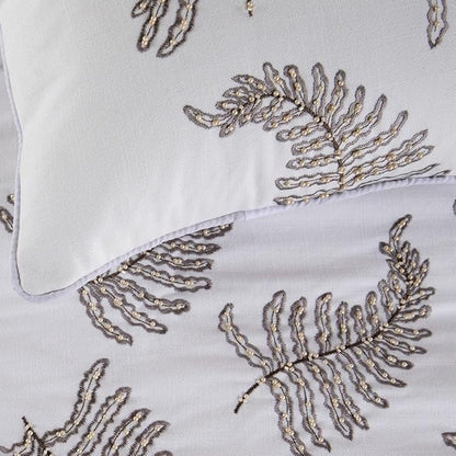 The HomeCentric King Size 90"x18" Decorative Bed Runner with Matching Pillow Cover, White Linen Bed Scarf in Fern Embroidery & Pearl - Fern Blossom