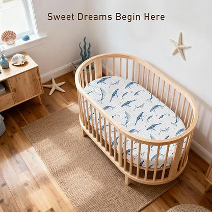 Muslin Bassinet Fitted Sheets, 2 Pack for Baby Boy and Girl, Soft Breathable Baby Pad/Mattress Sheet, Fit for Hourglass Oval and Rectangle Bassinet Mattress (Blue Whale)