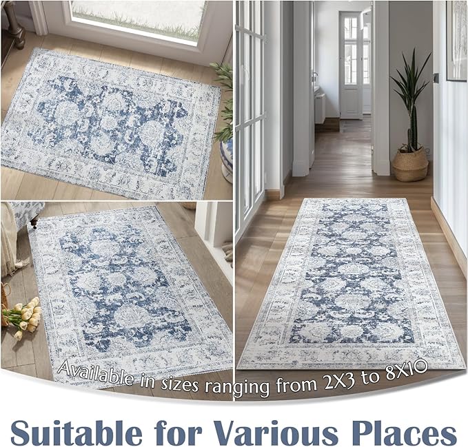 jinchan Fiora Runner Rug 2x6 Washable Hallway Runner - Vintage Floral Non Slip Low-Pile Soft Thin Kitchen Rug Distressed Carpet for Farmhouse Bedroom Entryway Laundry Room(2x6ft, Dark Blue)