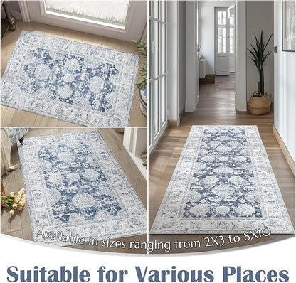 jinchan Fiora Hallway Runner Rug 3x10 Washable Runner - Vintage Floral Non Slip Low-Pile Soft Thin Faux Wool Kitchen Rug Distressed Carpet for Farmhouse Bedroom Laundry Room(3x10ft,Dark Blue)