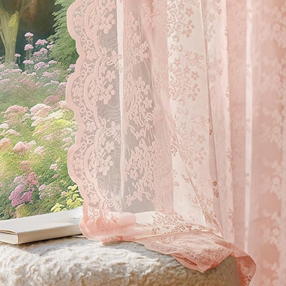 Anmao Vintage Lace Curtains 96 Inches Long 2 Panels Set, Romantic Elegant Light Filtering Semi Sheer Floral Thick Lacy Curtain Drapes for Living Room and Bedroom, Each Panel 55W x 96L, Blush Pink