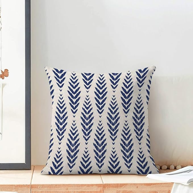 Navy Blue Boho Pillow Covers 20 x 20 Inch Pack of 2, Bohemian Ethnic Herringbone Pattern Decorative Throw Pillow Covers Linen Modern Geometry Farmhouse Outdoor Pillowcase for Sofa Couch Decor