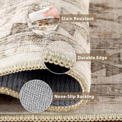 Vintage Hallway Runner Rug 3x12: Large Soft Washable Entryway for Kitchen Laundry Room Non-Slip Backing Runner for Entrance Living Room Bedroom Bathroom - Light Brown