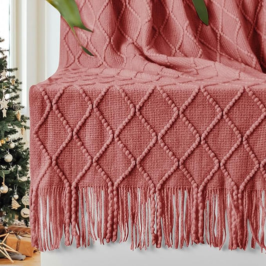inhand ChristmasThrow Blankets for Couch, Gifts for Women Cozy Home Decor Knit Blanket, Coral Pink Lightweight Decorative Blankets and Throws, Farmhouse Warm Woven Blanket for Men and Women, 60"x80"