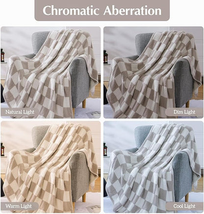 WRENSONGE Checkered Throw Blanket, Taupe Soft Cozy Fluffy Warm Hand Made Throw Blankets for Couch, Sofa, Chair, Bed, Camping, Picnic, Travel Lightweight Bed Blanket - 60"*80"