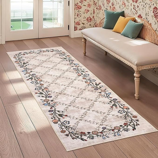 GarveeHome 2x6 Washable Floral Runner Rugs for Hallway: Modern Floral Non Slip Large Runner Rugs for Kitchen, Large Machine Washable Hallways Low Pile Carpet with Non-Slip Backing Beige 2 ft x6 ft.
