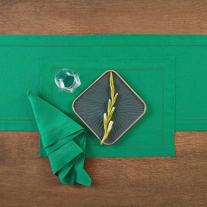Solino Home Linen Emerald Green Hemstitch Table Runner 60 Inches - 100% Pure Linen Small Table Runner 14 x 60 Inch Ideal for Dresser and Coffee Tables - Classic Hemstitch - Christmas, New Year