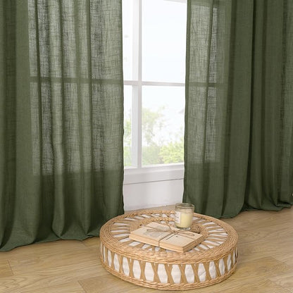 LAMIT Extra Wide Linen Curtains for Bedroom, Olive Green Light Filtering Faux Linen Textured Panels Semi Sheer Back Tab and Rod Pocket Boho Drapes for Living Room, 2 Panels, 60 x 84 Inch