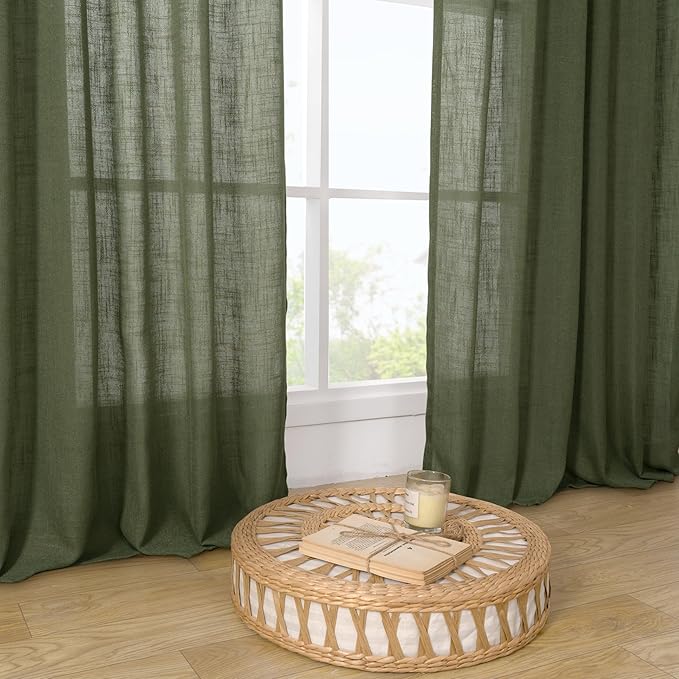 LAMIT Light Filtering Linen Curtains 72 inches Long for Bedroom, Linen Textured Semi Sheer Back Tab and Rod Pocket Boho Drapes for Small Window/Living Room, Olive Green, 2 Panels, 34 x 72 Inch
