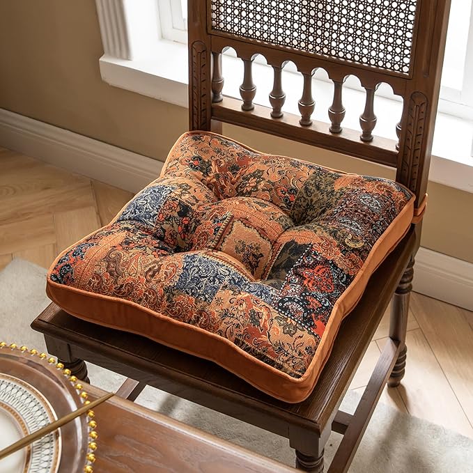 vctops Boho Paisley Chair Cushions with Ties Patchwork Square Soft Cozy Cotton Linen Chair Pads Non Slip Seat Cushions for Indoor Dining Room and Kitchen Chairs (Orange,16"x16")