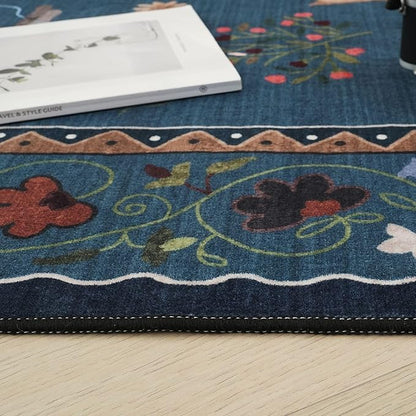 Rugcomf Runner Rug for Kitchen Non Slip 2'x6' Washable Rugs with Rubber Backing Soft Floral Animal Cat Carpet Runner for Kitchen Laundry Bedroom Bathroom, Pearl Gentian Blue