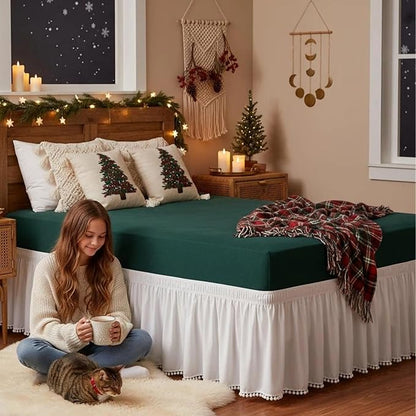 Biscaynebay Wrap Around Bed Skirts with Pompom for King Beds 15" Drop, White Adjustable Elastic Dust Ruffles Easy Fit Wrinkle & Fade Resistant Silky Luxurious Fabric Machine Washable