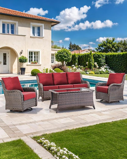 Luxury 22x24/22x25 6-Inch Outdoor Cushions for 5 Peice Patio Furniture Set - Set of 5 Water-Resistant Pillow for Dining Rocking Swivel Chairs Loveseat Couch Sectional Sofa - Red