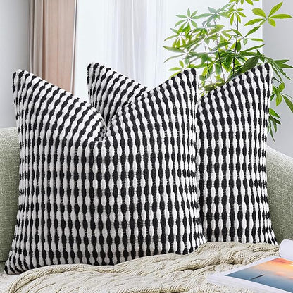 AmHoo Set of 2 Boho Chenille Pillow Cover Decorative Tufted Pillowcase for Couch Bed Sofa Bedroom Living Room Modern 18 x 18-Inch Black