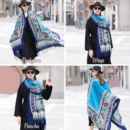 DANA XU 100% Merino Wool Pashmina Shawl for Women 96"x43", Oversized Cashmere Wrap with Tassels, Floral Travel Blanket Cape