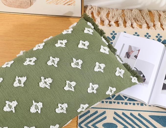 Boho Long Lumbar Pillow Cover 14x20 with Tassel,3D Flower Patterned Cotton Decorative Long Lumbar Pillow Cover Pillow Case for Sofa Couch Bed Livingroom Farmhouse,Sage Green