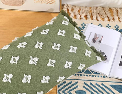 Boho Long Lumbar Pillow Cover 12x24 with Tassel,3D Flower Patterned Cotton Decorative Long Lumbar Pillow Cover Pillow Case for Sofa Couch Bed Livingroom Farmhouse,Sage Green