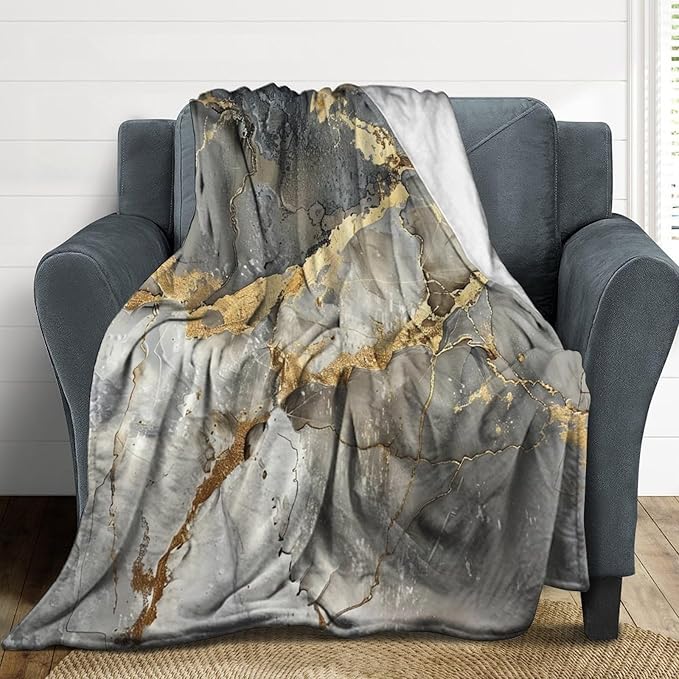 Modern Marble Blanket, Abstract Luxury Baroque Gold Grey Gradient Stone Veins Pattern Soft Warm Cozy Plush Flannel Covers for Livingroom Bedroom Couch Chair Camping Travel Home Decor Tapestry 30x40in