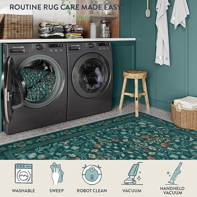 Lahome Floral Washable Area Rugs 8x10, Non-Slip Living Room Carpet Soft Tumble Washable Rugs for Bedroom Nursery, Vintage Botanical Print Carpet for Classroom Kids Room, Dark Green