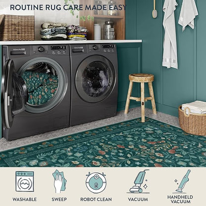 Lahome Floral Washable Rugs 9x12, Non-Slip Untra-Thin Soft Living Room Area Rugs, Vintage Botanical Print Low-Pile Carpet for Bedroom Dining Room Office, Dark Green