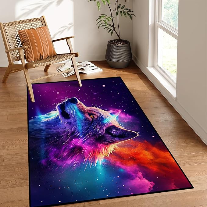 Galaxy Wolf Rug 3D Fierce Wolves Area Rugs for Bedroom Living Room Playroom Gameroom Boys Kids Colorful Glitter Throw Rugs Floor Mat Carpet 63 in x 31 in