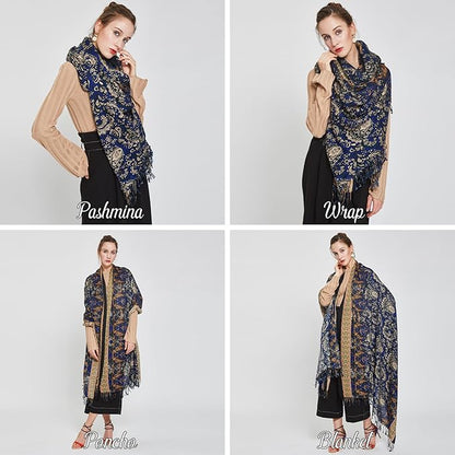 DANA XU 100% Merino Wool Pashmina Shawl for Women 96"x43", Oversized Cashmere Wrap with Tassels, Floral Travel Blanket Cape