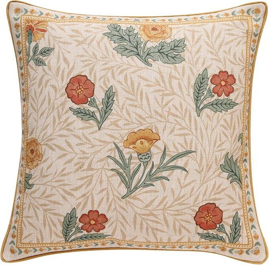 patdrea Designer Square Throw Pillow Covers for Couch 18"x18",Vintage French Linen Pillows Cover with Daisy Floral Pattern,Beige Luxury Farmhouse Decorative Cushion for Bed,Living Room,Outdoor
