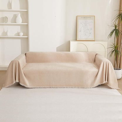 MYSKY HOME Khaki Sectional Sofa Covers Chenille Couch Cover for Dogs Solid Sofa Cover for 3 Cushion Couch Washable Couch Covers with Tassel Edge L Shape Sofa Throw Large Sofa Slipcover, 71" X134"