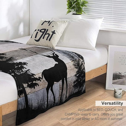 Rustic Deer Throw Blanket, Retro Cabin Farmhouse Country Lodge Blue Brown Wooden Board Wild Forest Animals Deer Bird Print Warm Cozy Blanket for Bed Couch Sofa Travel, 60"x80"